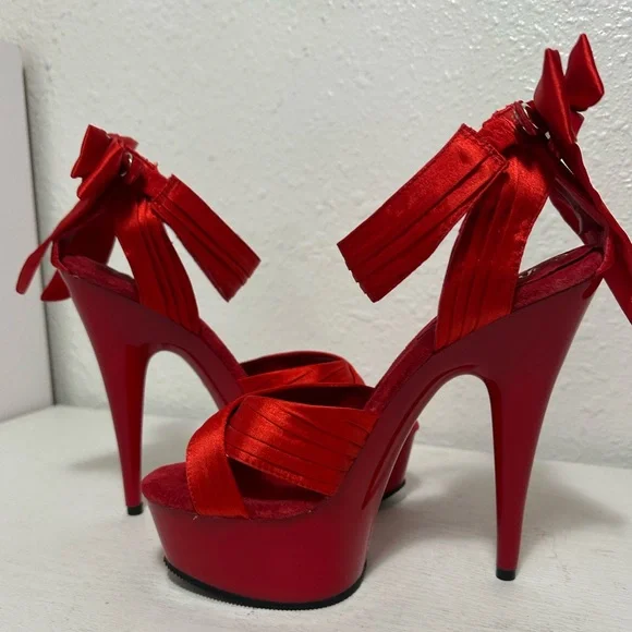 Pleaser delight Red Satin Platform Ankle-Tie High Heel Sandal - Picture 6 of 12